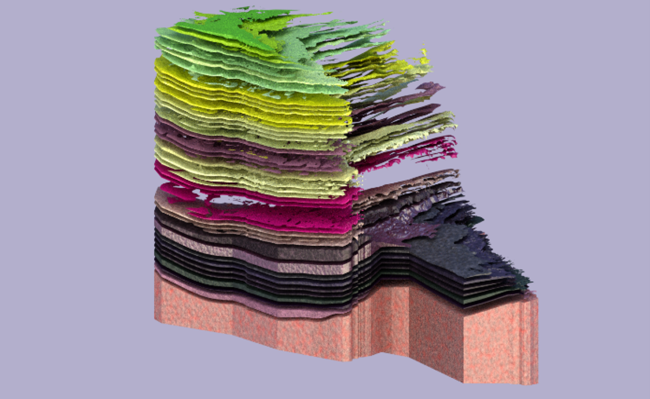 Les multiples couches géologiques du sud de l’Ontario, représentées par un code de couleurs, apparaissent en superposition légèrement espacées les unes des autres, depuis les couches de surface jusqu’au bouclier précambrien à la base.  
